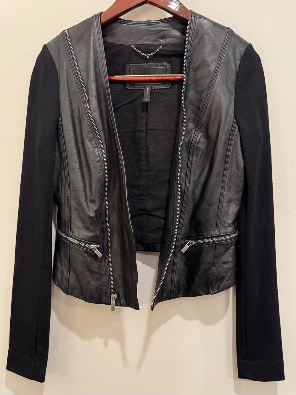 BCBGMAXAZRIA Black Genuine Leather Knit Owen Moto Jacket - Size S